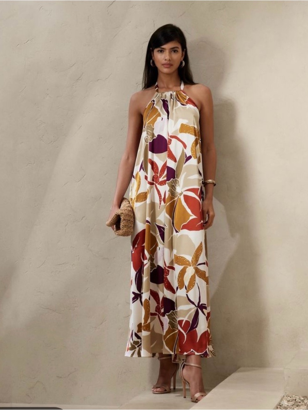 Banana Republic Halter Maxi Dress in Cream with Rust, Mustard and Plum Floral